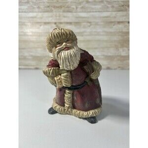 Rustic Folk Art Hunched Santa Claus Cane and Bag Figurine Christmas Decoration